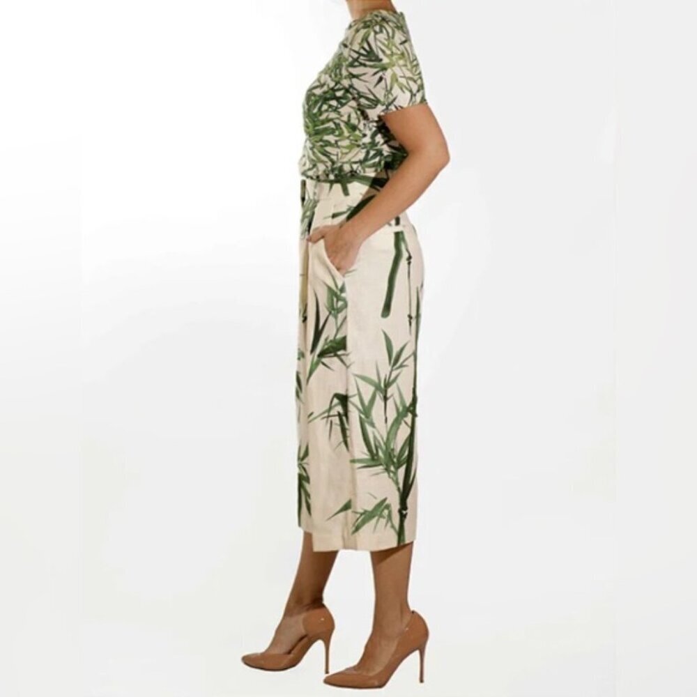 Massimo Dutti Top Women's Size 10 US Tan Linen Tropical Print Short Sleeve Crop - Picture 8 of 13